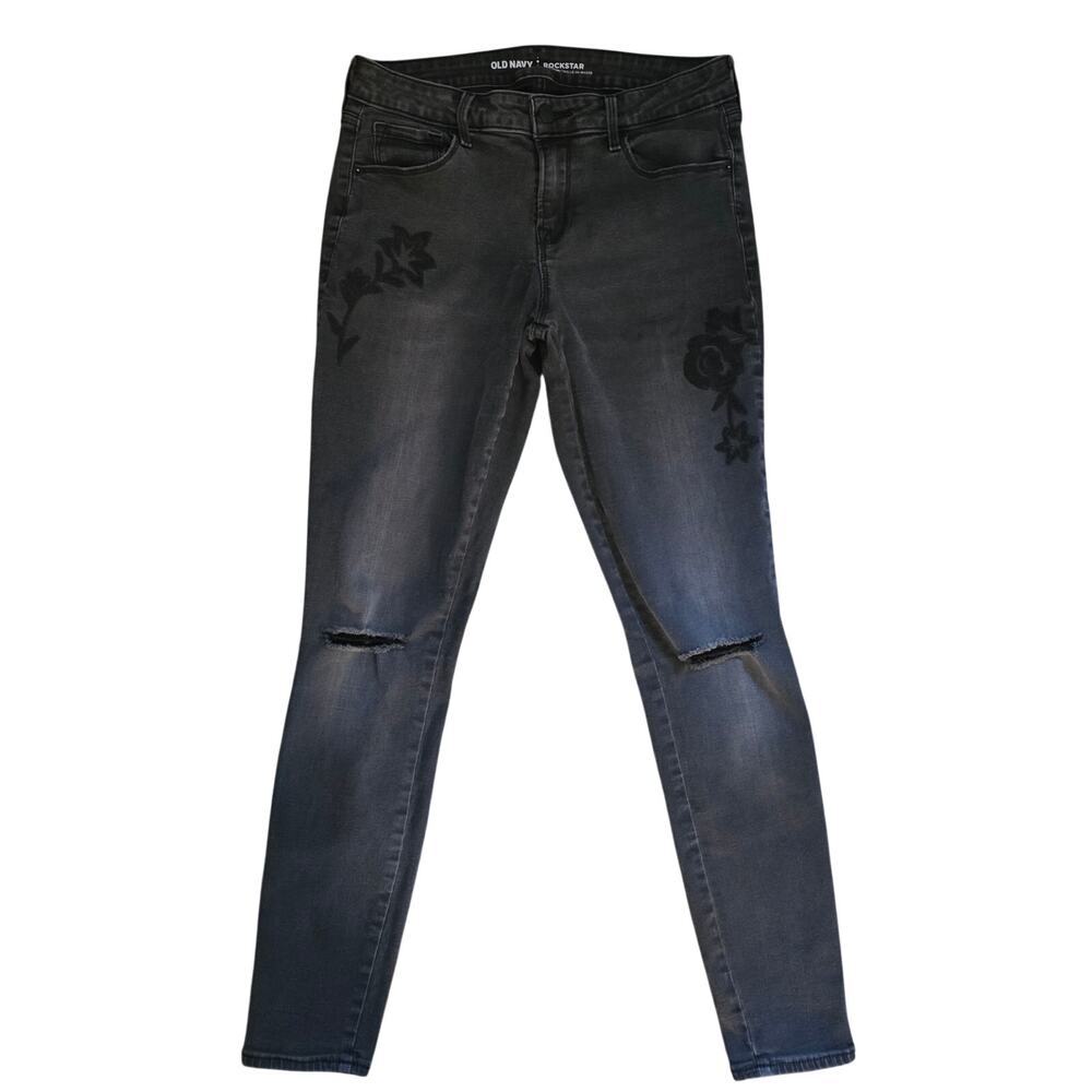 Old Navy "Rockstar" Midrise Embroidered Faded Black Jeans Size 6